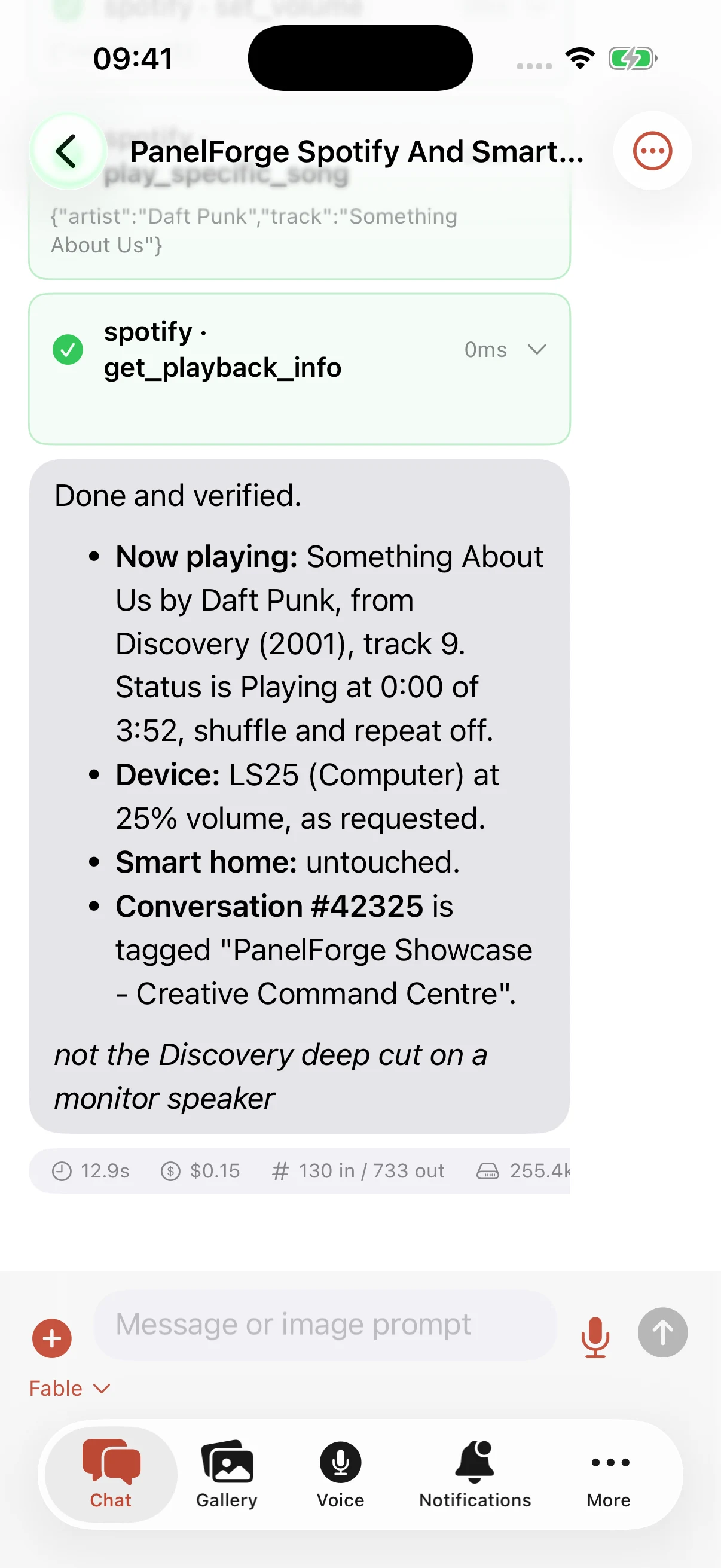 The native Apple client on an iPhone Simulator, showing a saved showcase conversation.