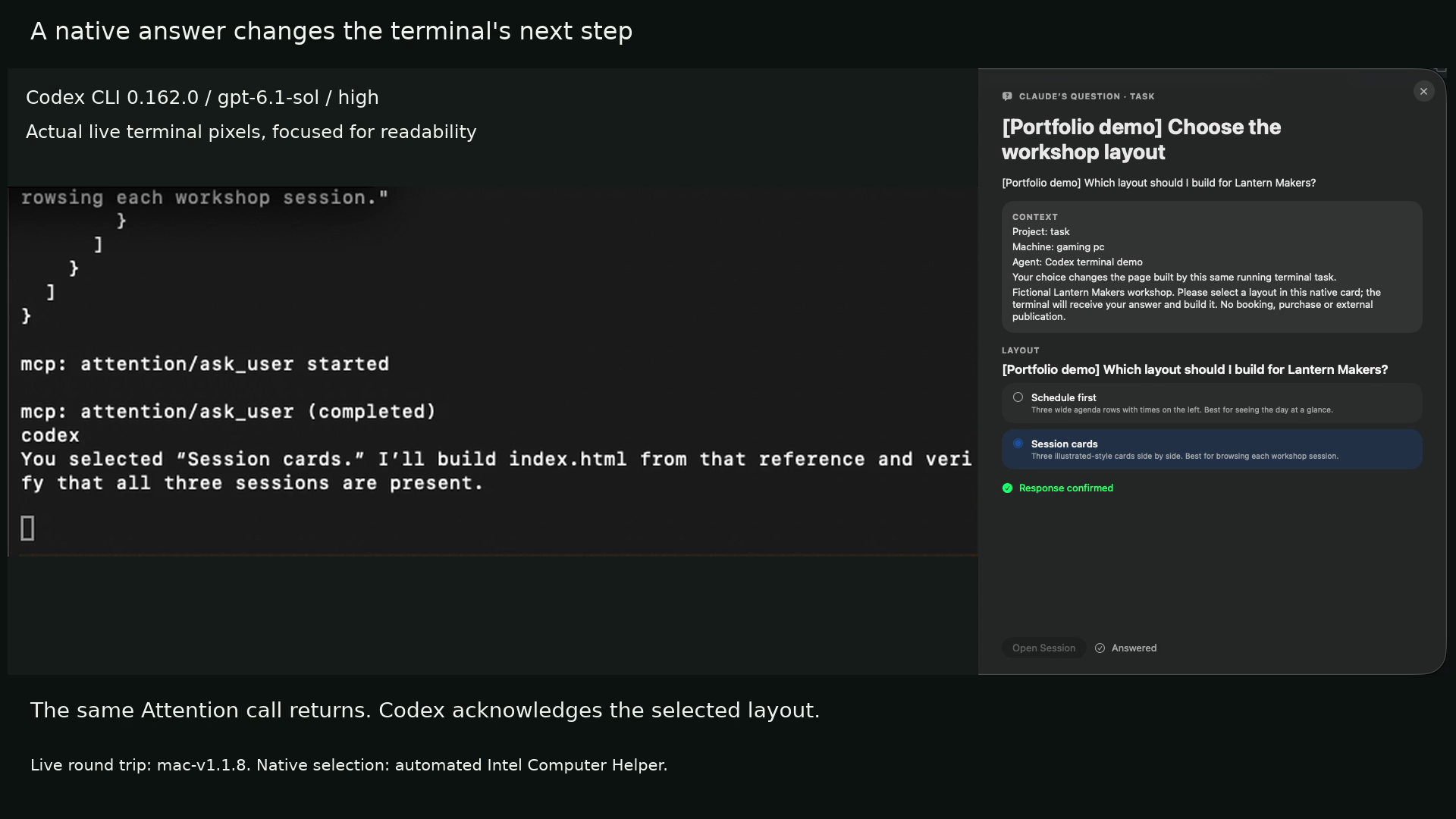 The actual Codex terminal acknowledges Session cards beside the native Mac card confirming that answer.