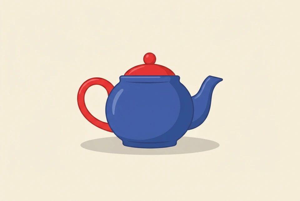 Original blue teapot with a red lid, knob and handle, on a cream background above a grey oval shadow.