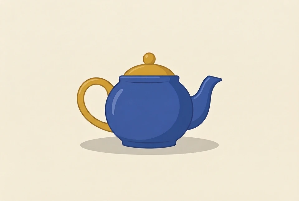 Revised blue teapot with a mustard-yellow lid, knob and handle, retaining the same recognisable composition.